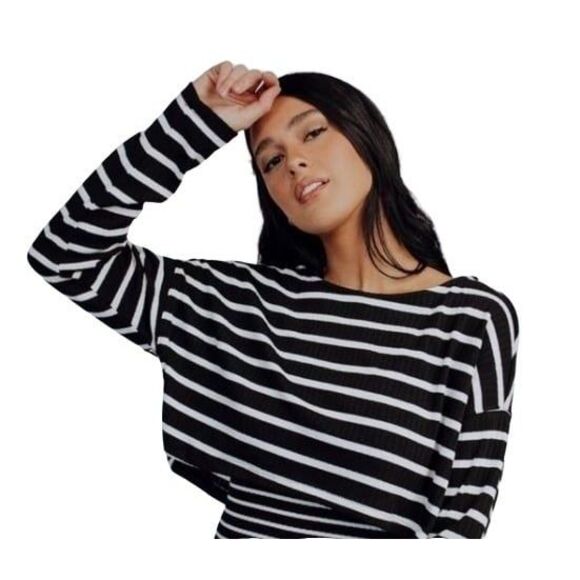 Free People Beach Womens Top Black M Oversized Long Sleeve Cropped Top Striped - Picture 1 of 7